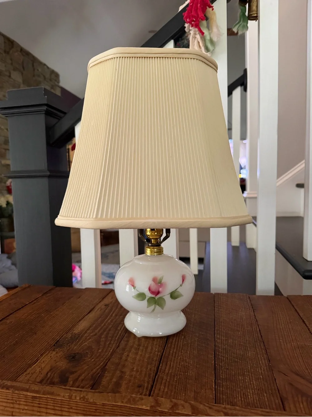 Vintage Floral Milk Glass Table Lamp with Pleated Shade